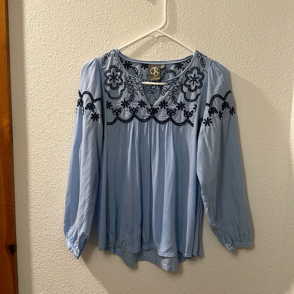 Anthropologie One September blue blouse with embroidery